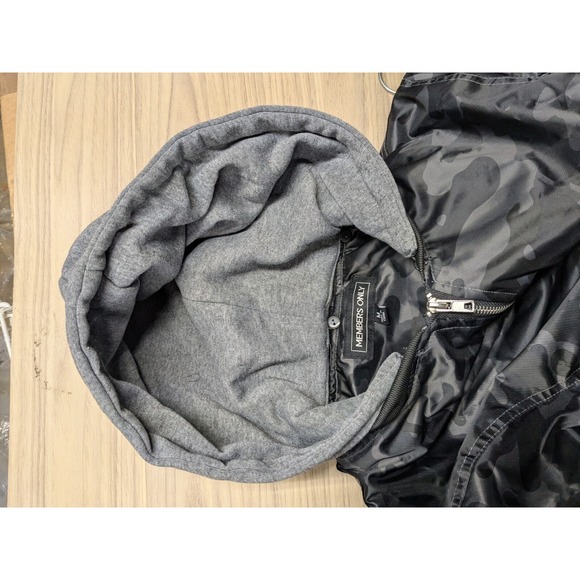Members Only Bomber Jacket Black Camo Zip Flight Satin Hooded Grunge Mens M A057 - Picture 12 of 14